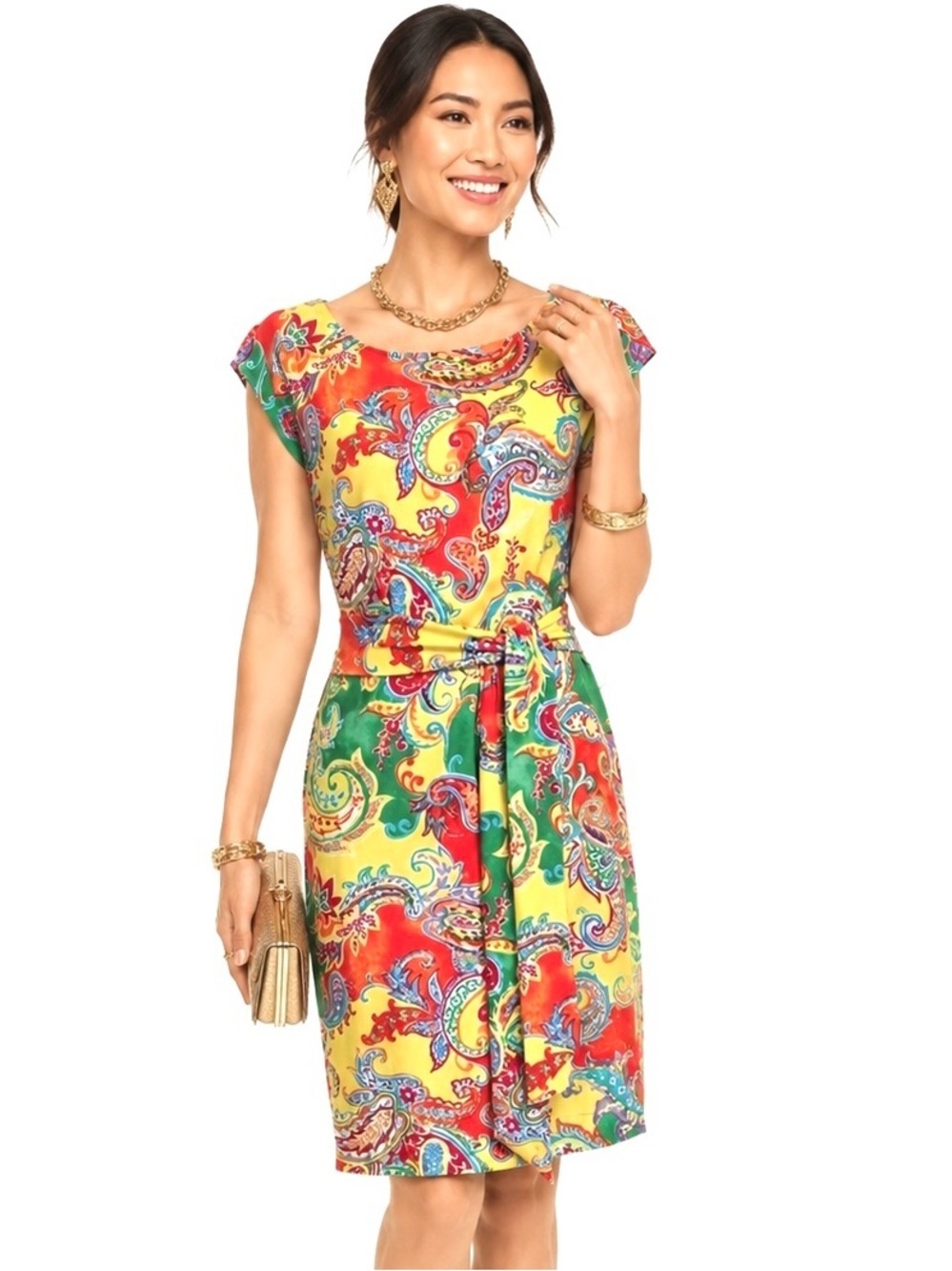LAUREN RALPH LAUREN Artsy Paisley Colorful Jersey Cap Sleeve Belted Dress Size M